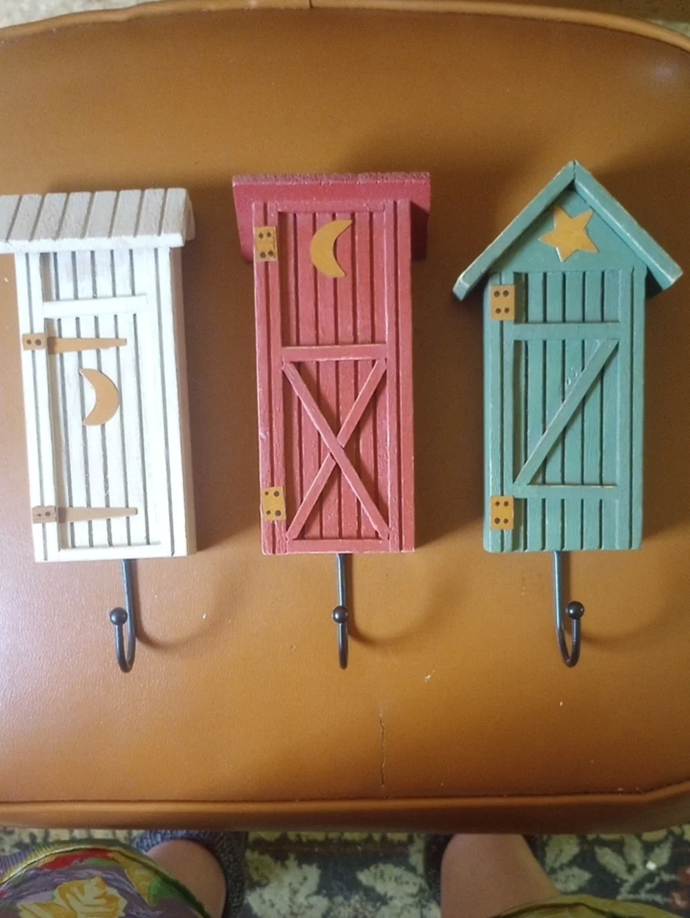 Collections, Etc. Outhouse Wall Hook Set for Country Bathroom. Cream Red Green